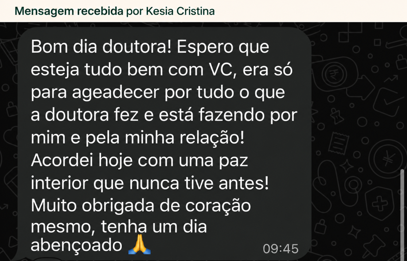 Mensagem de agradecimento pelo acompanhamento e pelo cuidado com a relação.