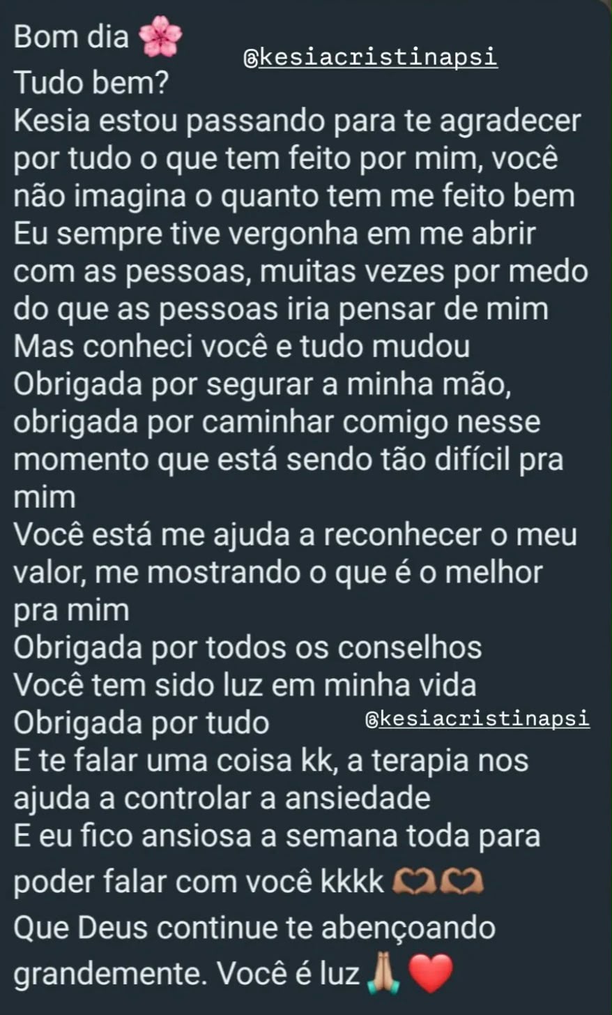 Mensagem de agradecimento pela escuta e pelo apoio durante um momento difícil.